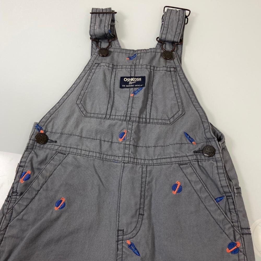 OshKosh B'gosh Boys Size 2T Gray Rocket Ship Planet Embroidered‎ Denim Overalls